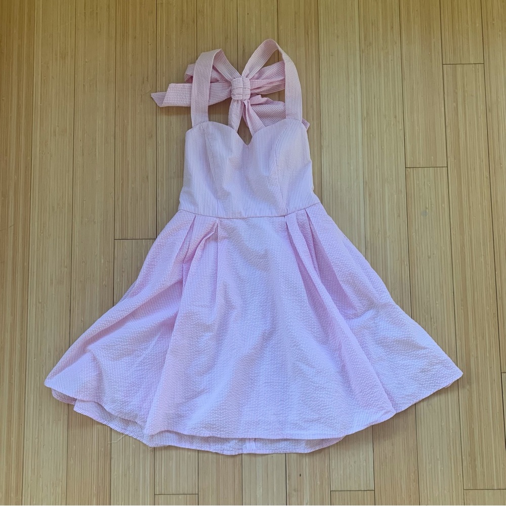 Lauren James Augusta pink seersucker bow dress